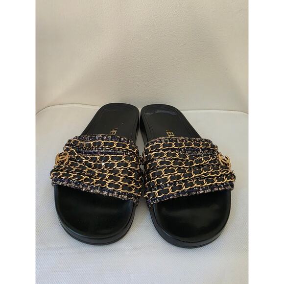 Chanel Black Leather 2016 Interlocking CC Logo Slides 36 sz - Picture 7 of 11
